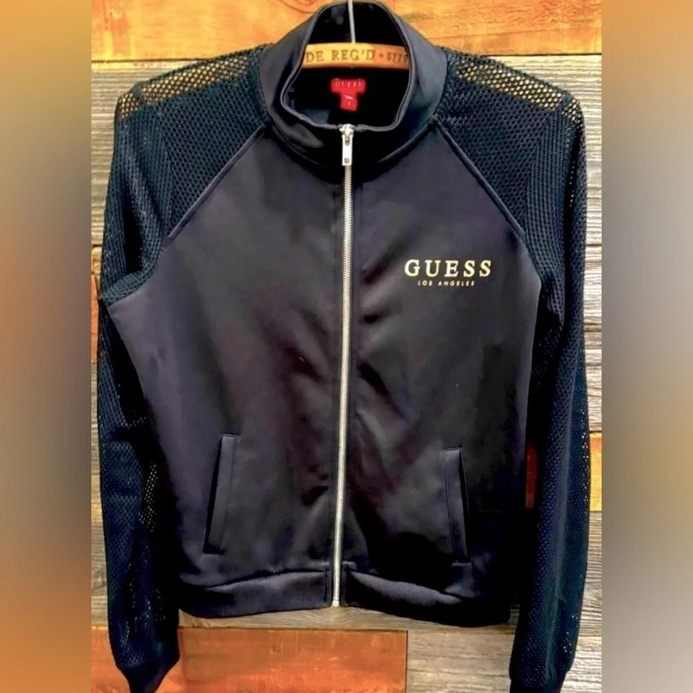 GUESS Black mesh sleeve track jacket gold Y2K retro party throwback goth glam S